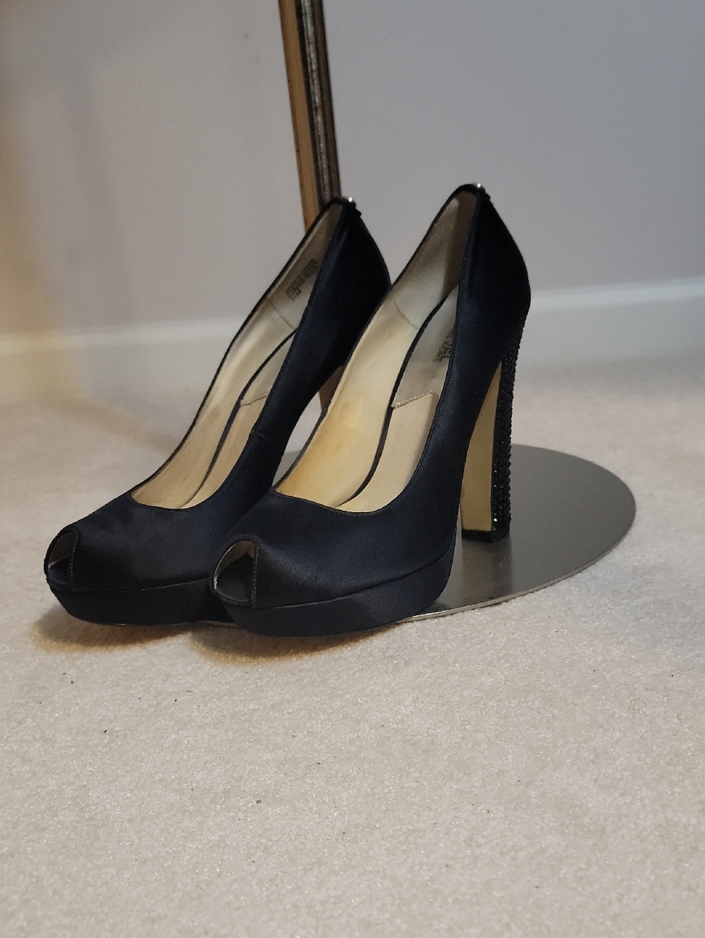 Michael Kors - Black Satin Peep-Toe Studded Heel Platform Pumps